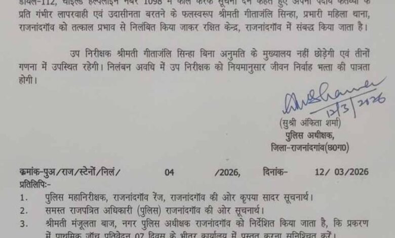 मासूम के मामले में बड़ी कार्रवाई: महिला थाना प्रभारी और प्रधान आरक्षक निलंबित 1 Chhattisgarh News 10 1 1