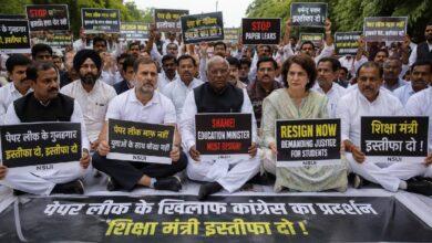 पेपर लीक मुद्दे पर कांग्रेस का प्रदर्शन, पीएम आवास की ओर मार्च; राहुल-प्रियंका समेत कई नेता धरने पर बैठे 5 Congress Protest, Rahul Gandhi, Priyanka Gandhi, Paper Leak Protest, Parliament Monsoon Session, Dharmendra Pradhan, PM Residence Protest, Congress News